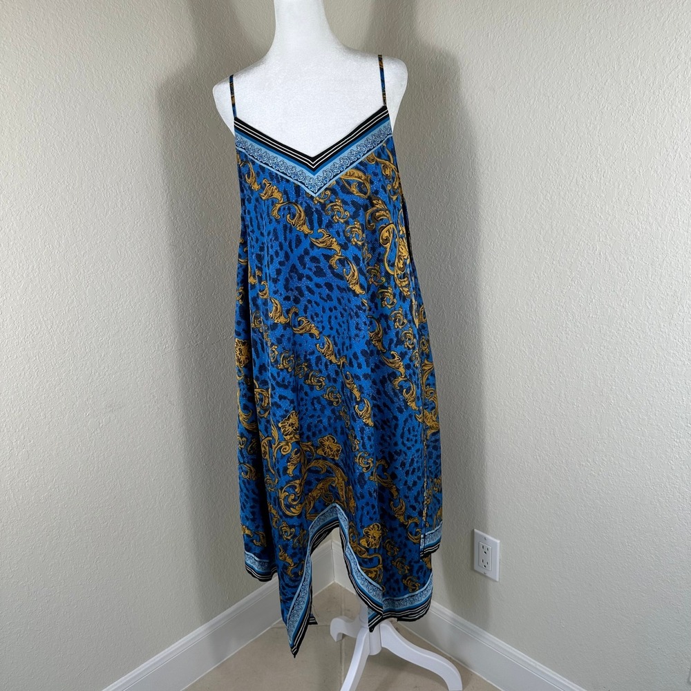 INC International Concepts Slip Dress Women M Blue Baroque Leopard Handkerchief